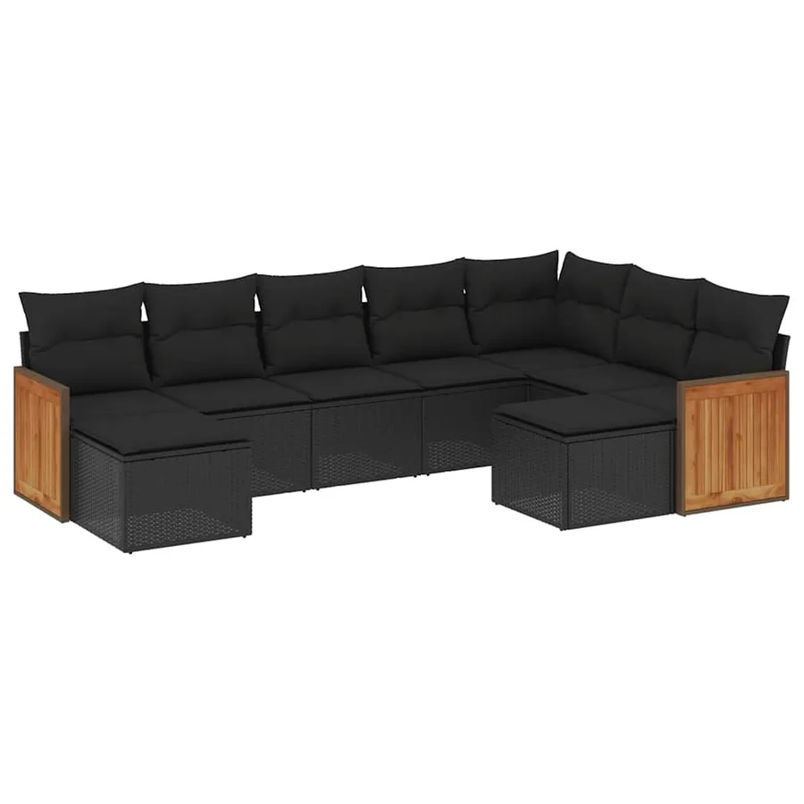 Salon de jardin 9 pcs avec coussins noir résine tressée - 2