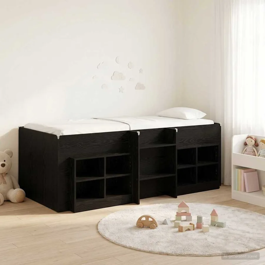 Cadre de lit en loft avec armoire 3 pc Noir Bois d'ingénierie