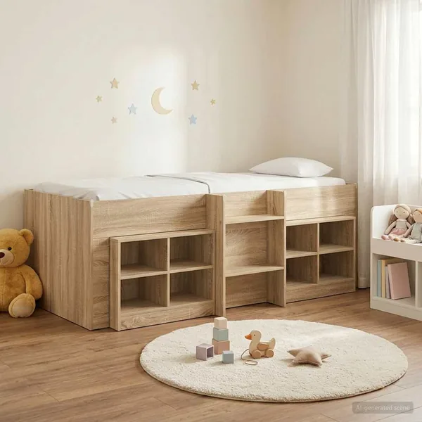 Cadre de lit en loft avec armoire 3 pc Chêne Sonoma