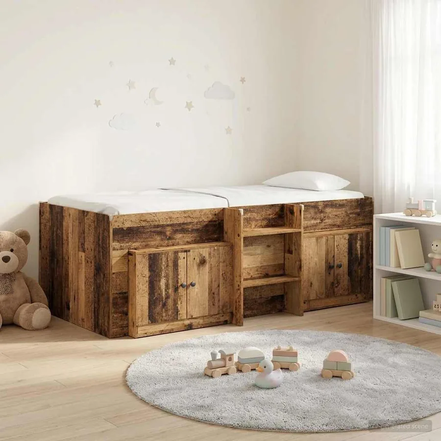 Cadre de lit en loft avec armoire avec porte 3 pc Bois ancien