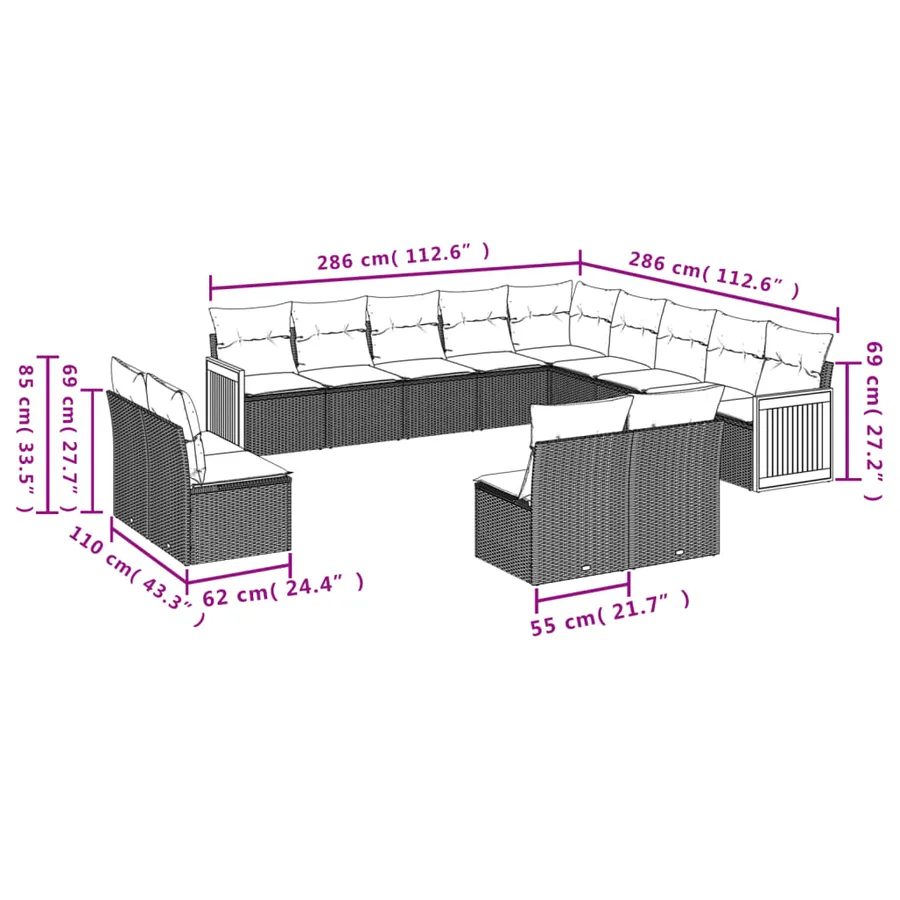 Salon de jardin avec coussins 13 pcs noir résine tressée - 7