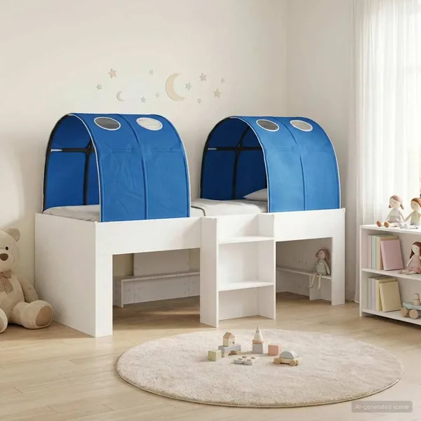 Lit Haut pour Enfants avec Tunnel 3 pc Blanc et bleu