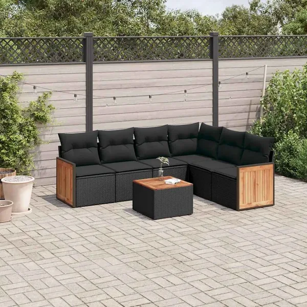Salon de jardin 7 pcs avec coussins noir résine tressée 62 x 62 x 69 cm - 57,3 kg