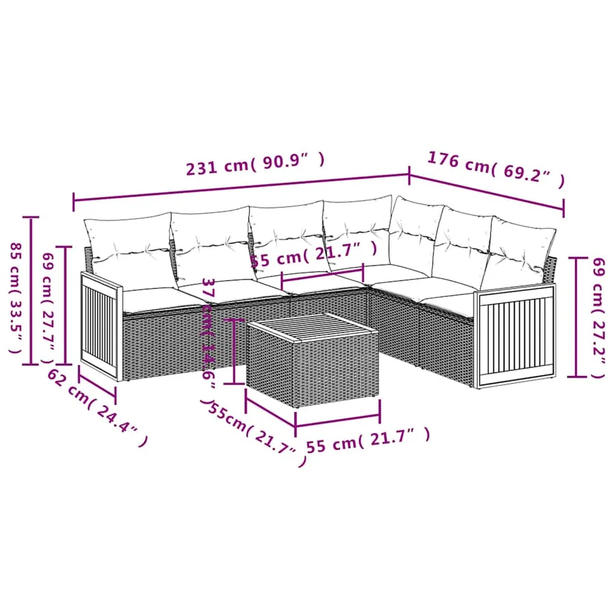 Salon de jardin 7 pcs avec coussins noir résine tressée 62 x 62 x 69 cm - 57,3 kg - 8