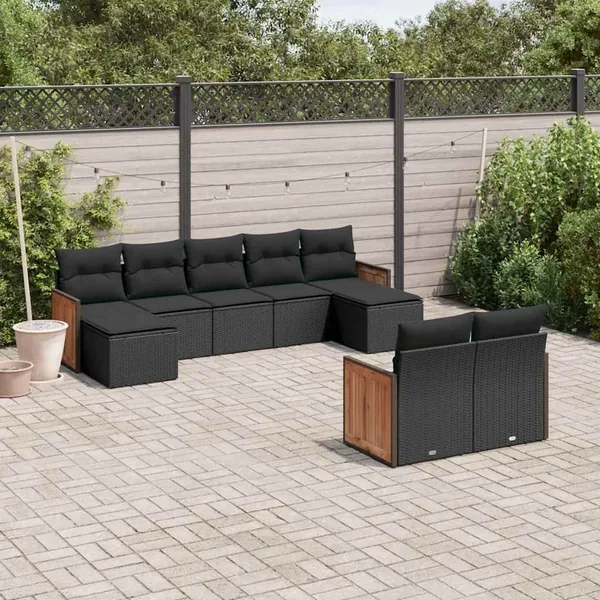 Salon de jardin 9 pcs avec coussins noir résine tressée