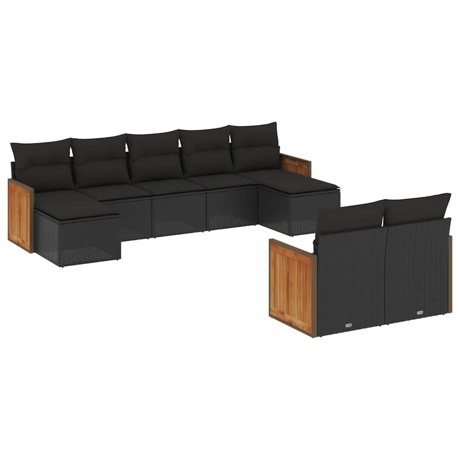 Salon de jardin 9 pcs avec coussins noir résine tressée - 2