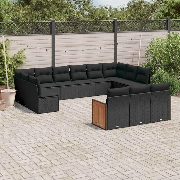 Salon de jardin avec coussins 13 pcs noir résine tressée