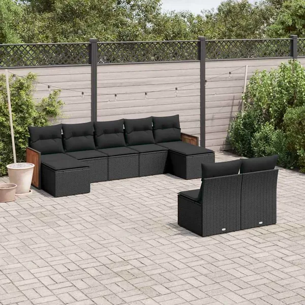 Salon de jardin 9 pcs avec coussins noir résine tressée