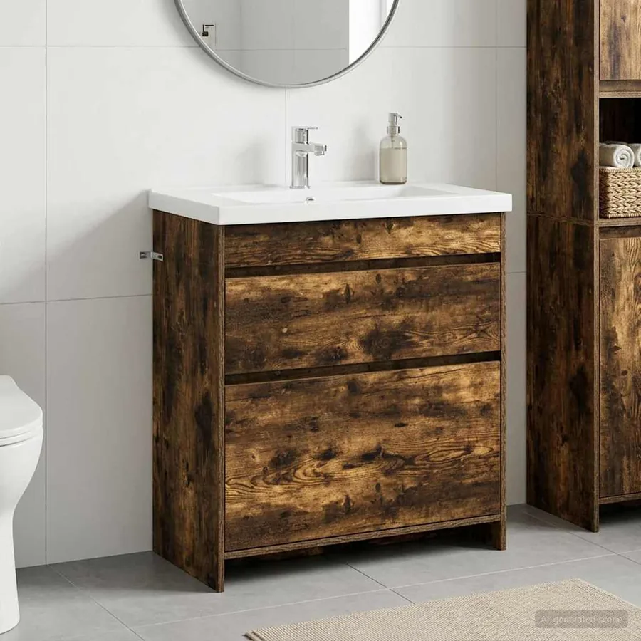 Meuble sous lavabo de salle de bain Chêne fumé