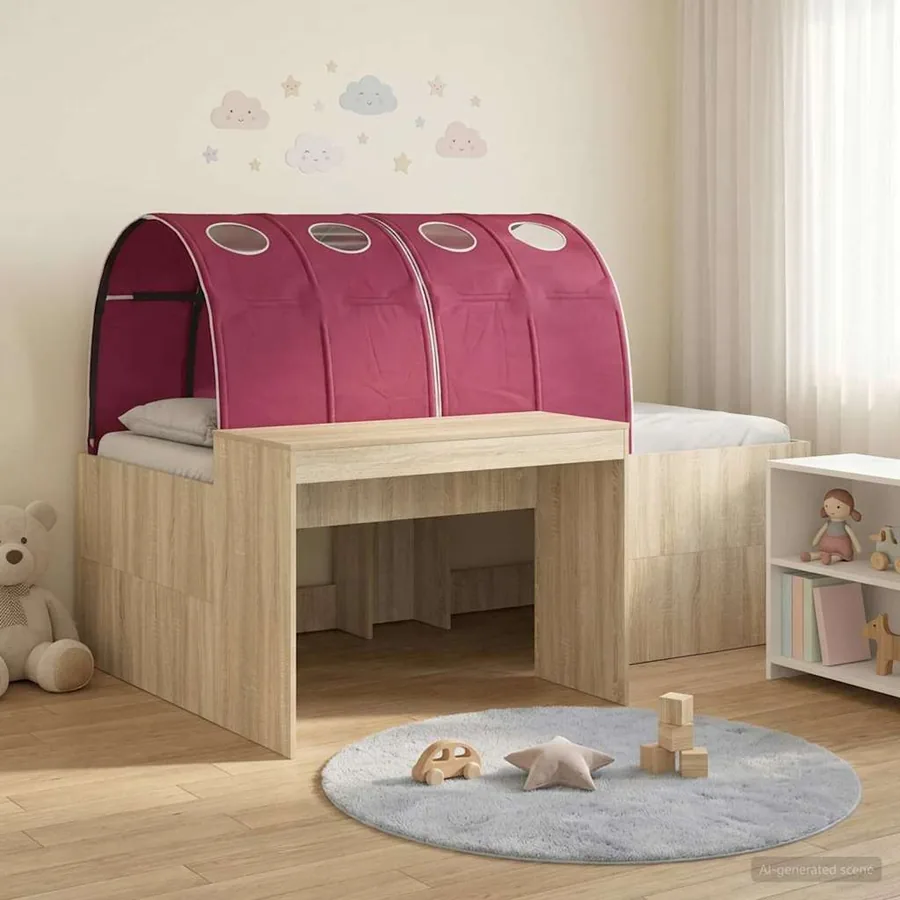 Lit avec Tunnel 3 pc Chêne Artisanal et Rouge Bois d'ingénierie