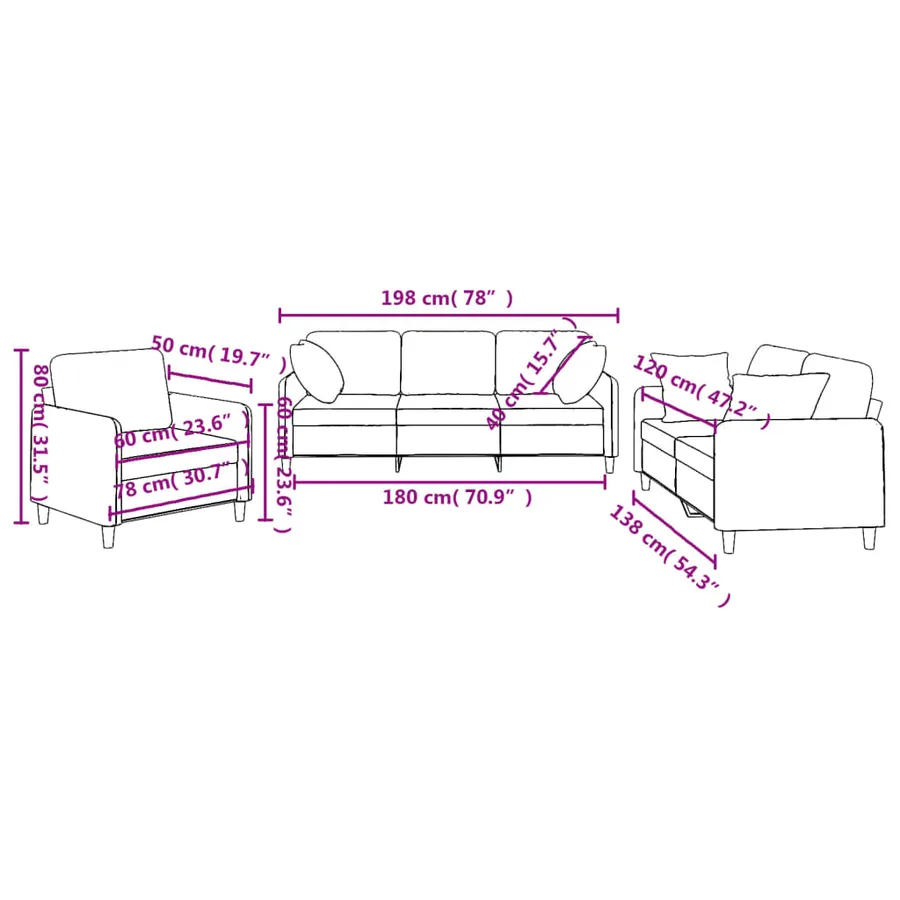 Ensemble de canapés 3 pcs avec coussins marron tissu - 10