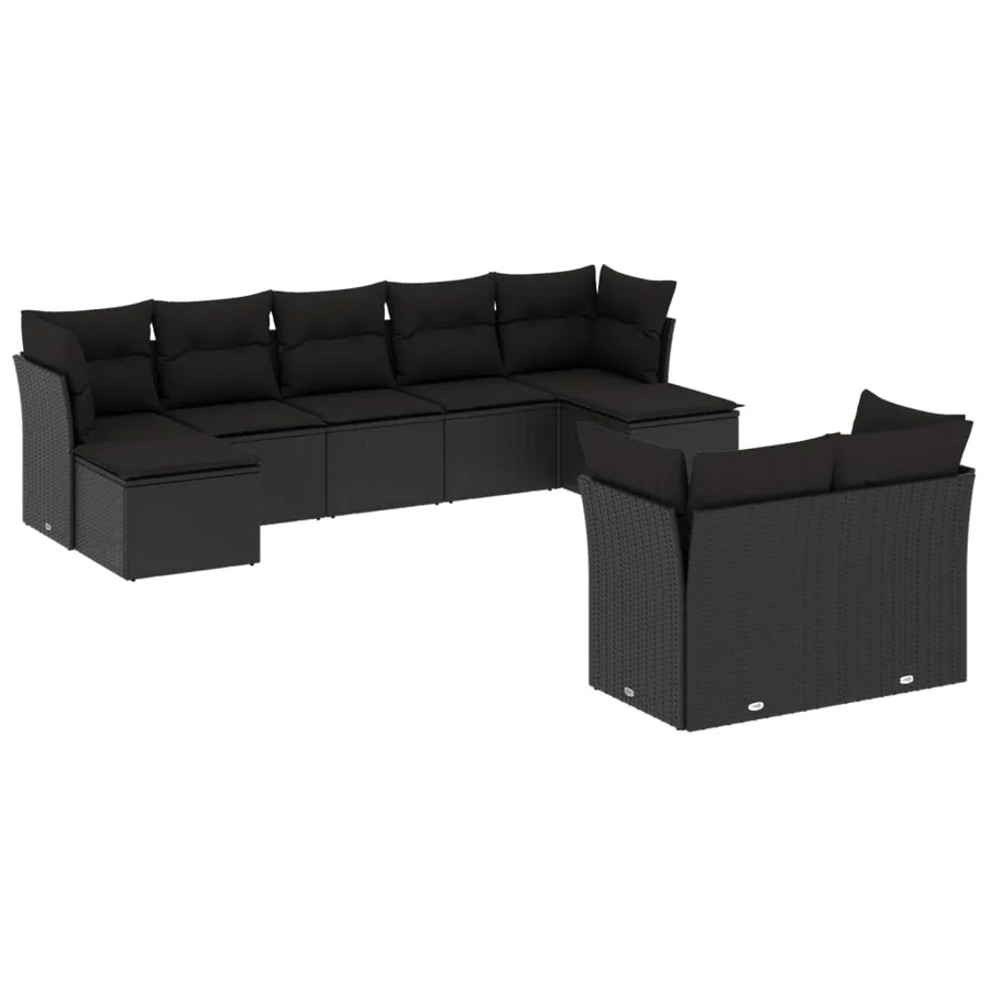 Salon de jardin 9 pcs avec coussins noir résine tressée - 2
