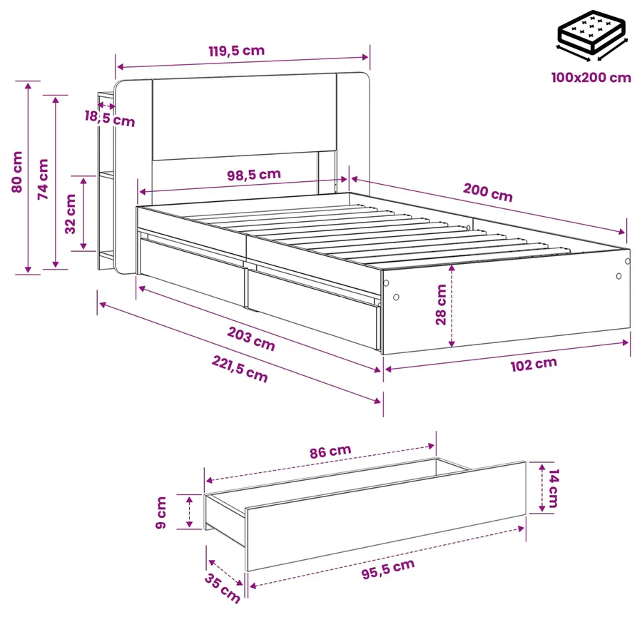 Cadre de lit avec rangement Chêne Sonoma 100 x 200 cm - 10