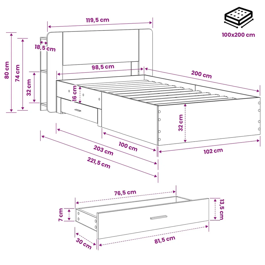 Cadre de lit avec rangement Sonoma gris 100 x 200 cm - 8