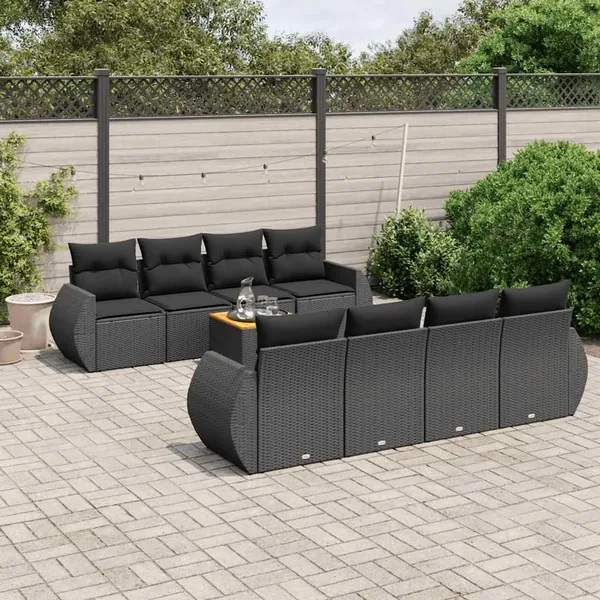 Salon de jardin 9 pcs avec coussins noir résine tressée