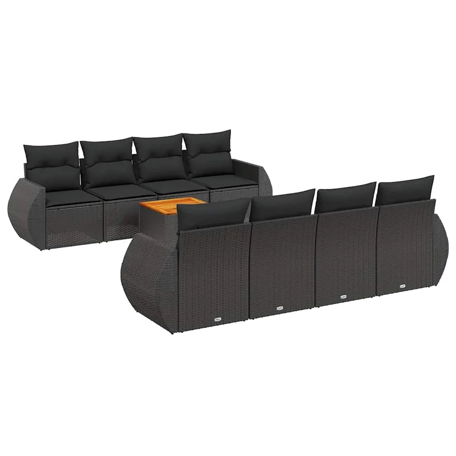 Salon de jardin 9 pcs avec coussins noir résine tressée - 2