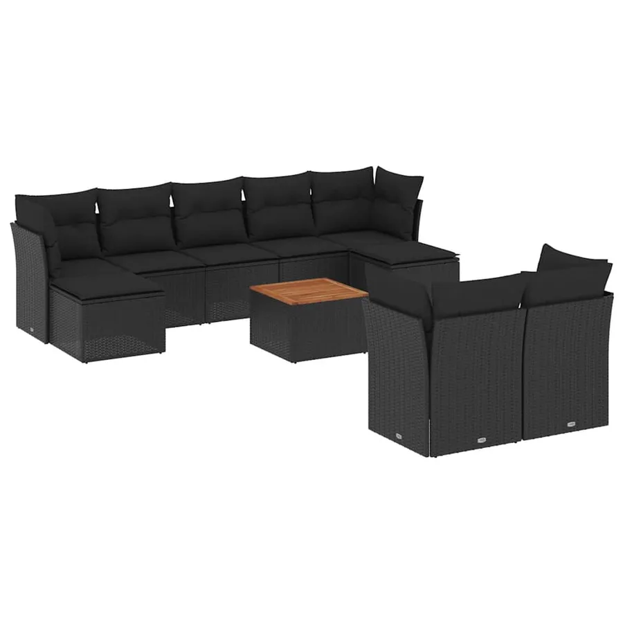 Salon de jardin 10 pcs avec coussins noir résine tressée - 2