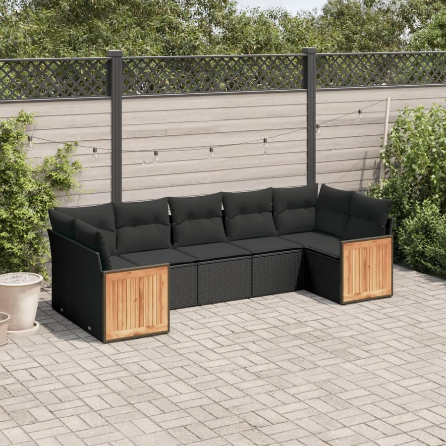 Salon de jardin 7 pcs avec coussins noir résine tressée 62 x 62 x 69 cm - 64,4 kg