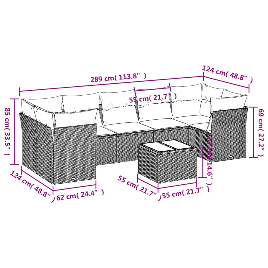 Salon de jardin 8 pcs avec coussins noir résine tressée - 3