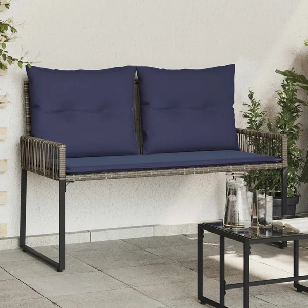 Banc extérieur avec coussin 4 pcs Gris et bleu marine polyrotin
