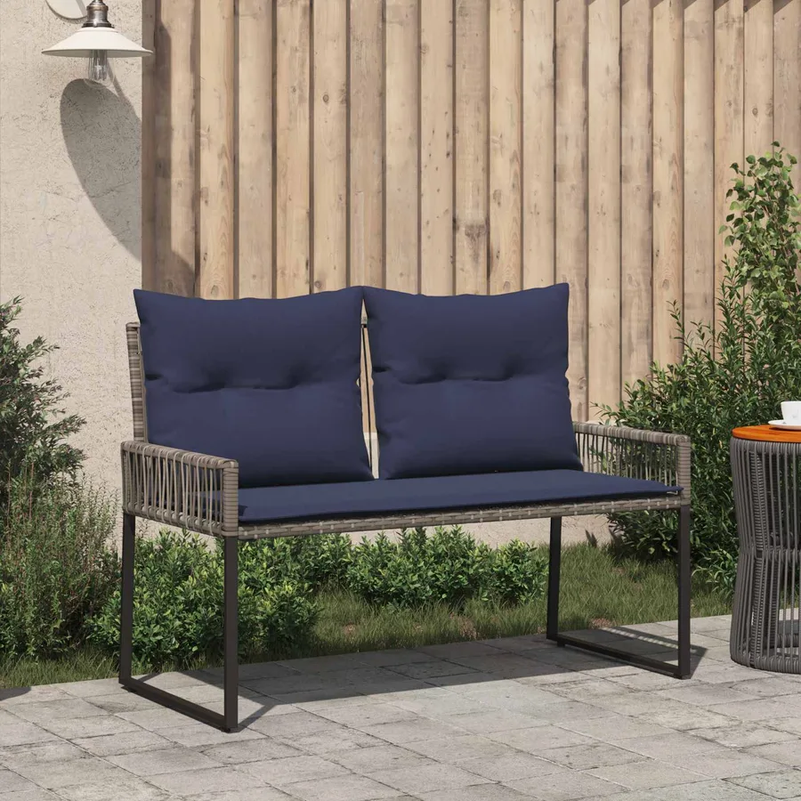 Banc extérieur avec coussin 4 pcs Gris et bleu marine polyrotin - 3