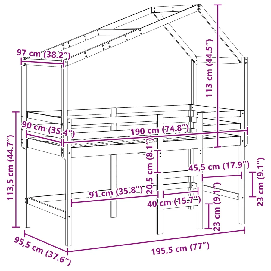 Cadre de lit mezzanine Brun Ciré 90 x 190 cm Pin massif - 12
