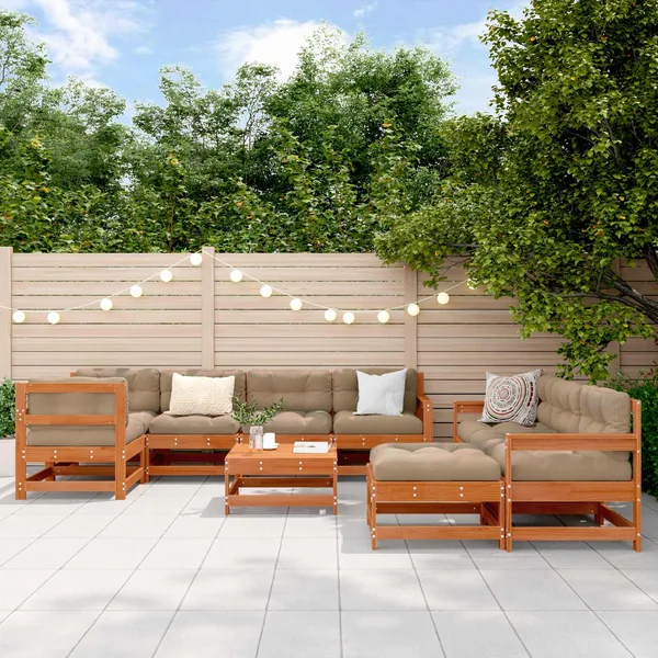 Ensemble de salon de jardin 10 pcs Brun cire Bois de pin massif