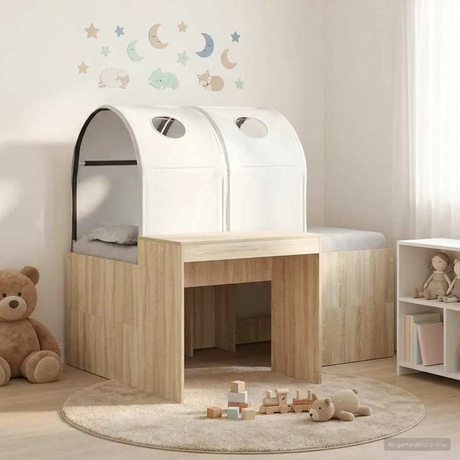Lit avec Tunnel 3 pc Chêne Artisanal et Blanc Bois d'ingénierie