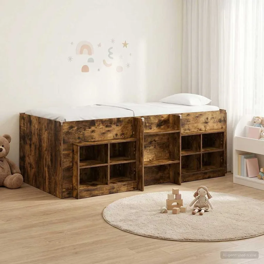 Cadre de lit en loft avec armoire avec étagère 3 pc Chêne fumé