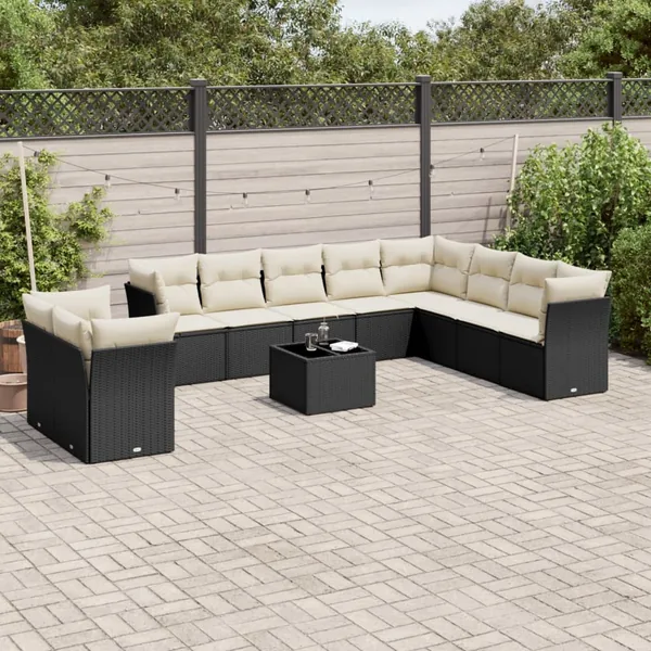 Salon de jardin 11 pcs avec coussins noir résine tressée