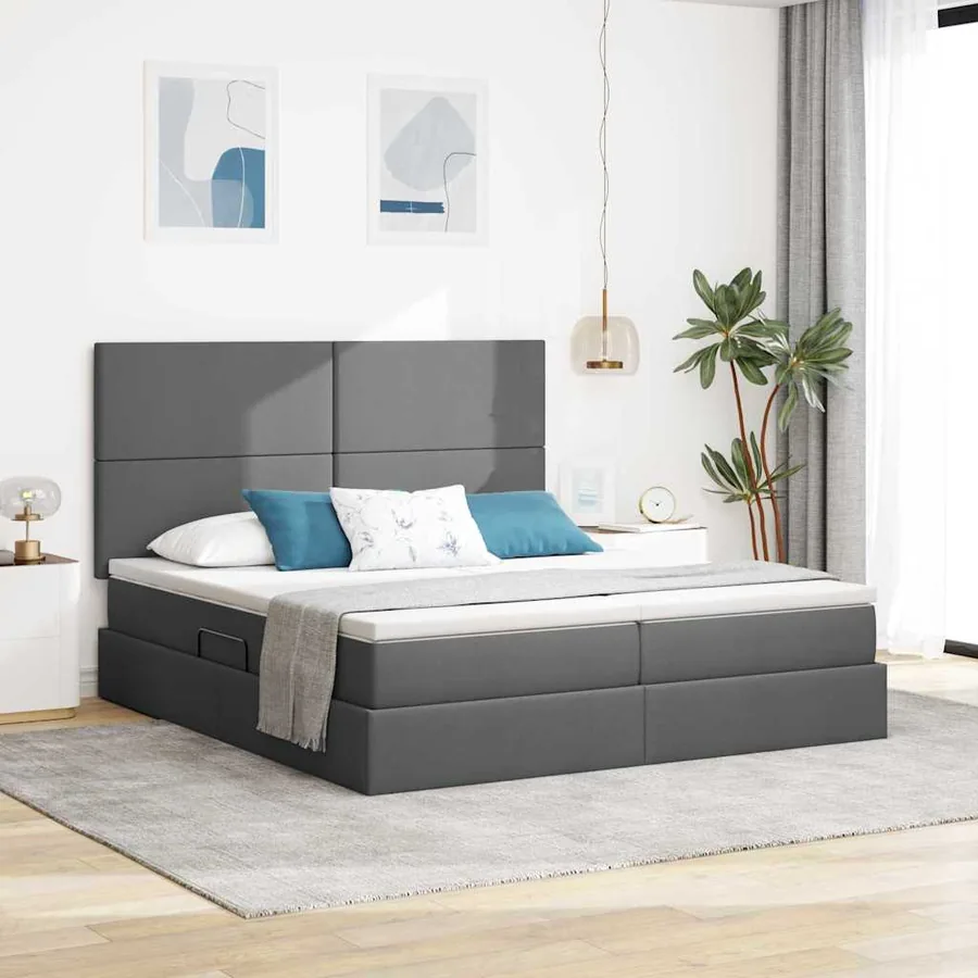 Lit de Rangement avec tête de lit Gris foncé 200 x 200 cm Tissu