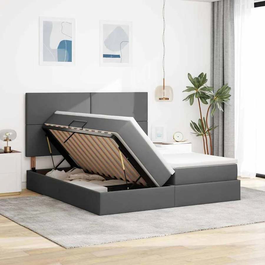 Lit de Rangement avec tête de lit Gris foncé 200 x 200 cm Tissu - 4