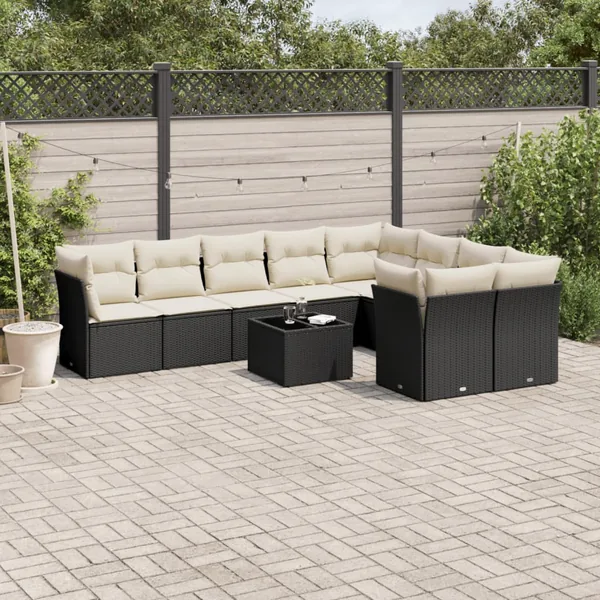 Salon de jardin 10 pcs avec coussins noir résine tressée