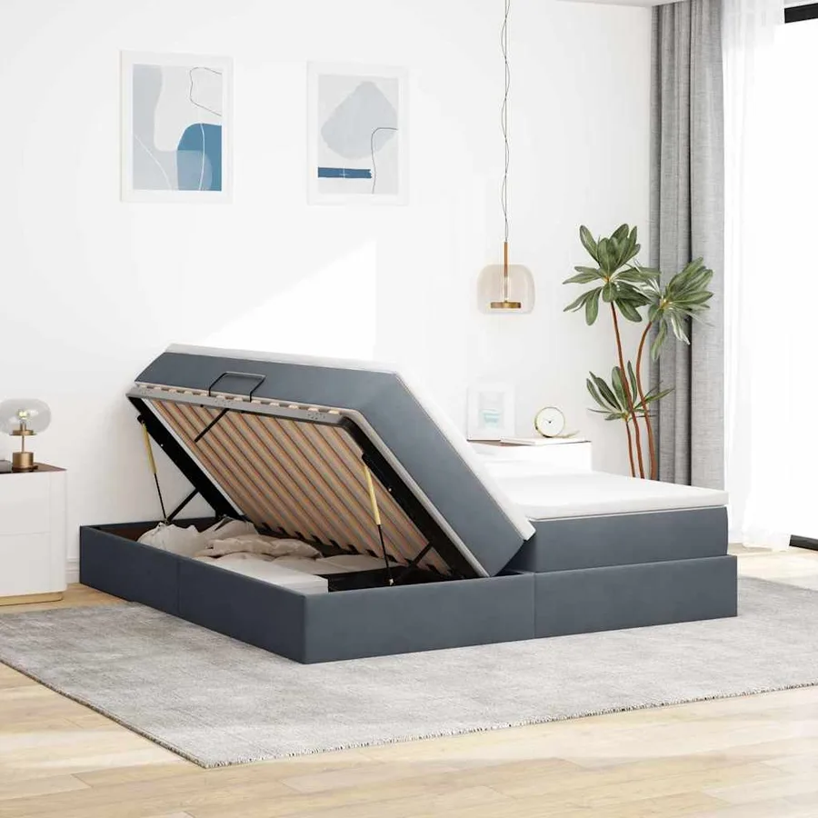 Lit avec rangement et matelas Gris foncé 200 x 200 cm Velours - 4
