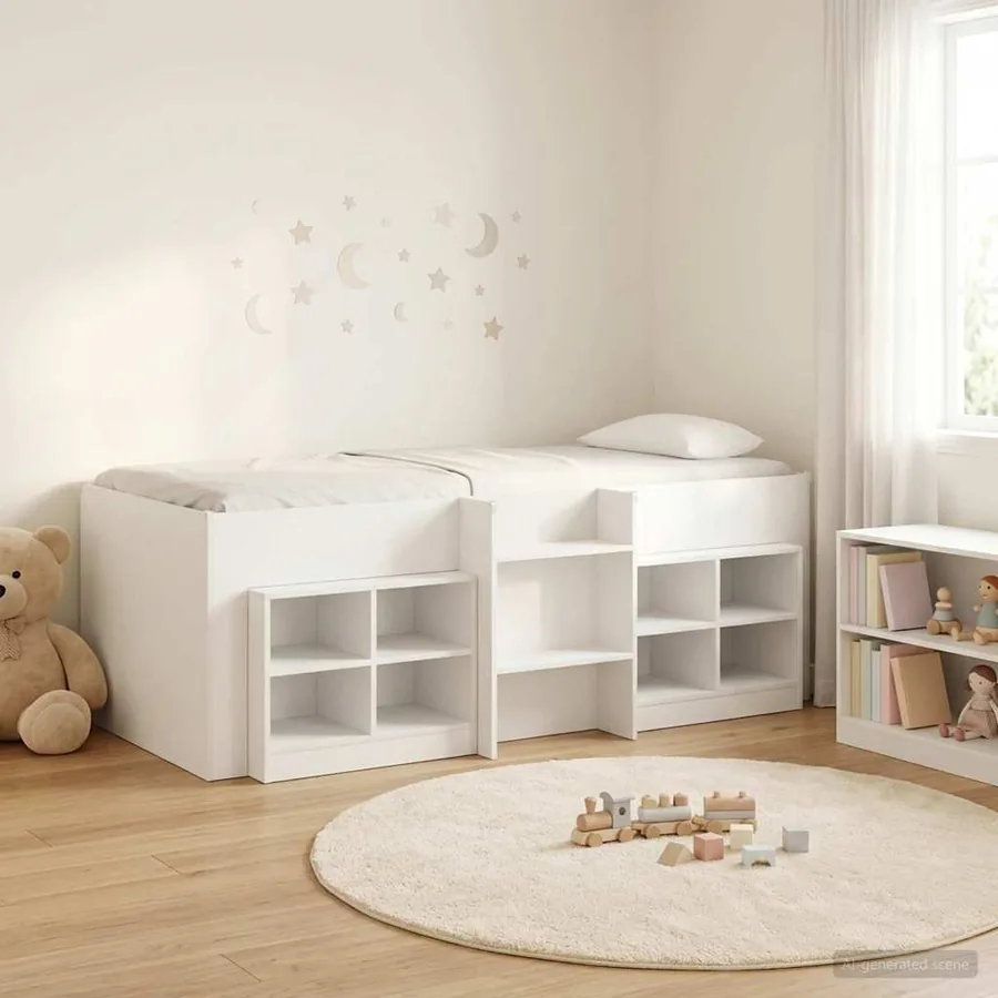 Cadre de lit en loft avec armoire 3 pc Blanc Bois d'ingénierie