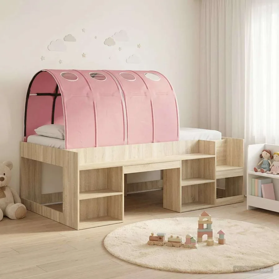 Cadre de lit avec tunnel avec étagère 3 pc Chêne Sonoma et rose
