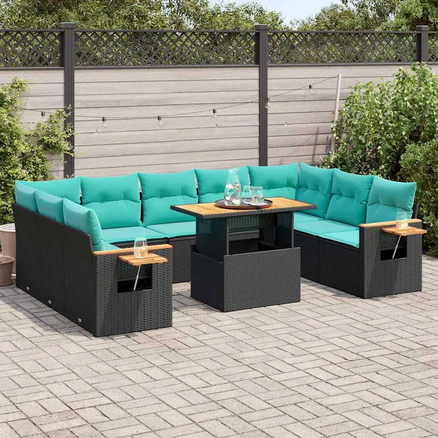 Salon de jardin 10 pcs avec coussins noir résine tressée acacia
