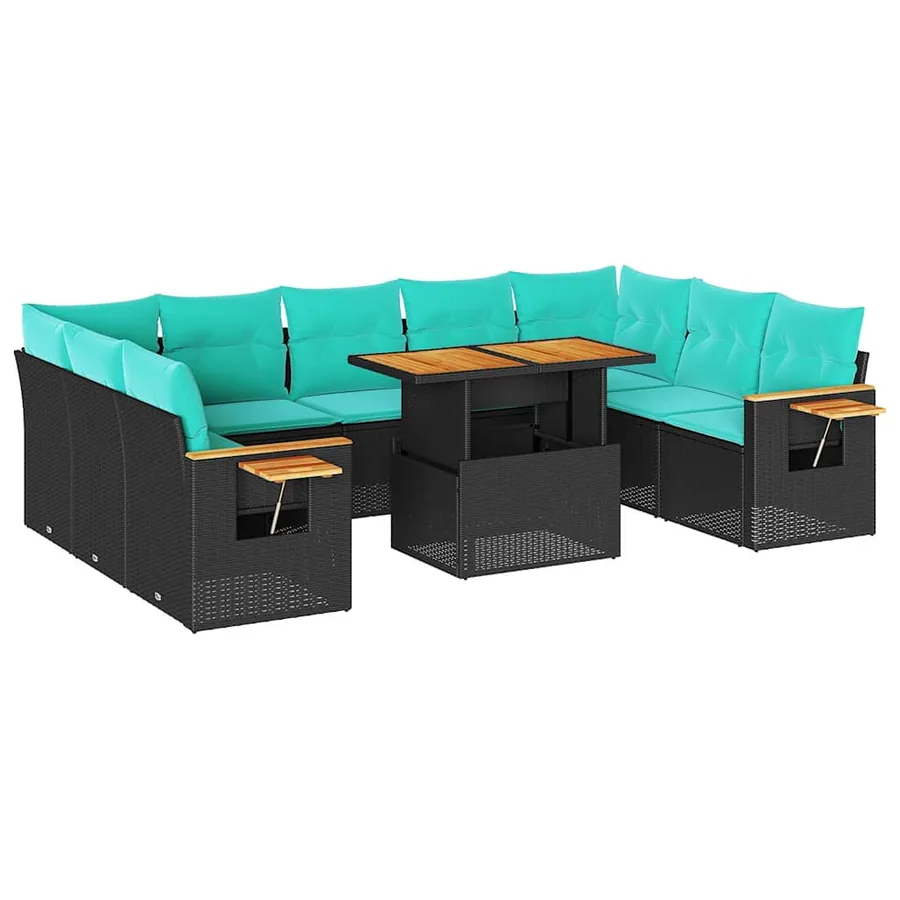 Salon de jardin 10 pcs avec coussins noir résine tressée acacia - 2