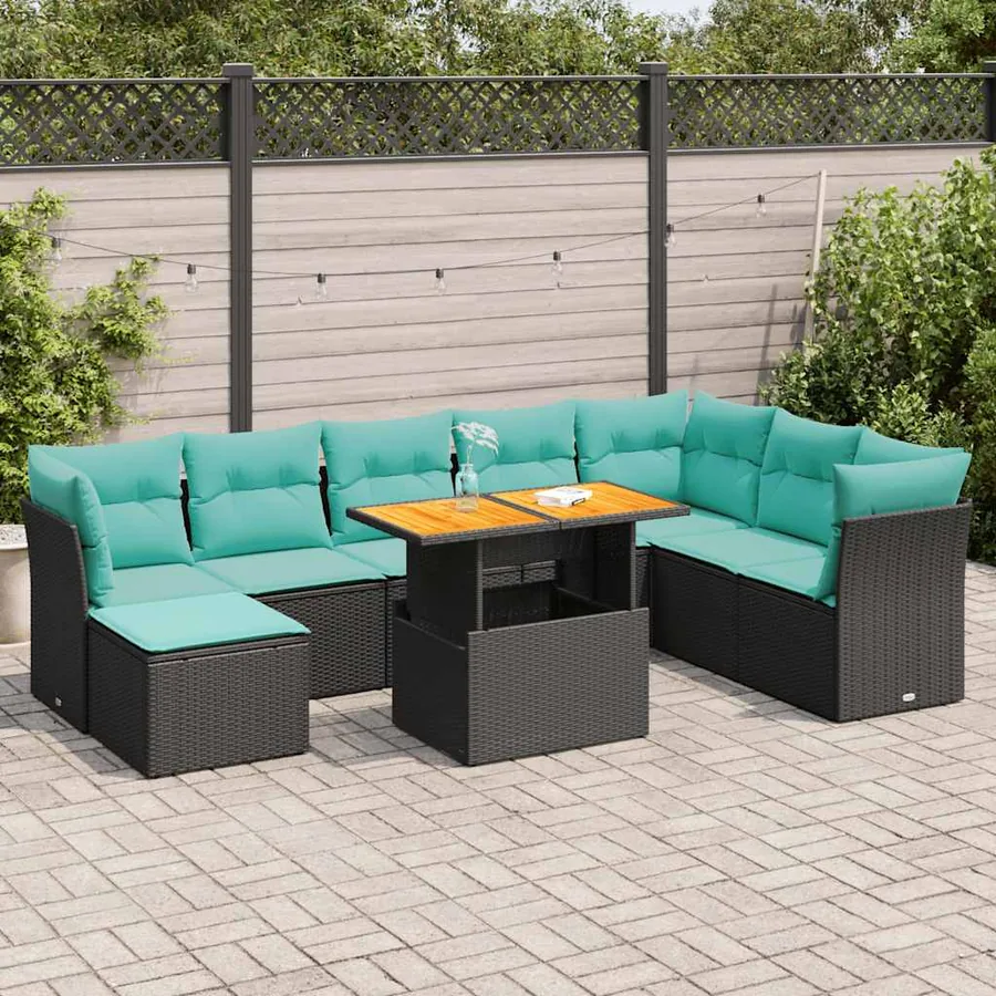 Salon de jardin 6 pcs avec coussins noir résine tressée