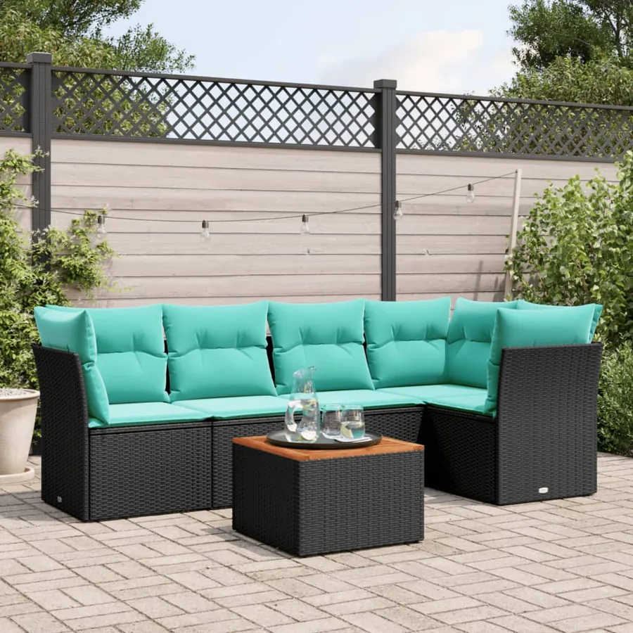 Salon de jardin 6 pcs avec coussins noir résine tressée