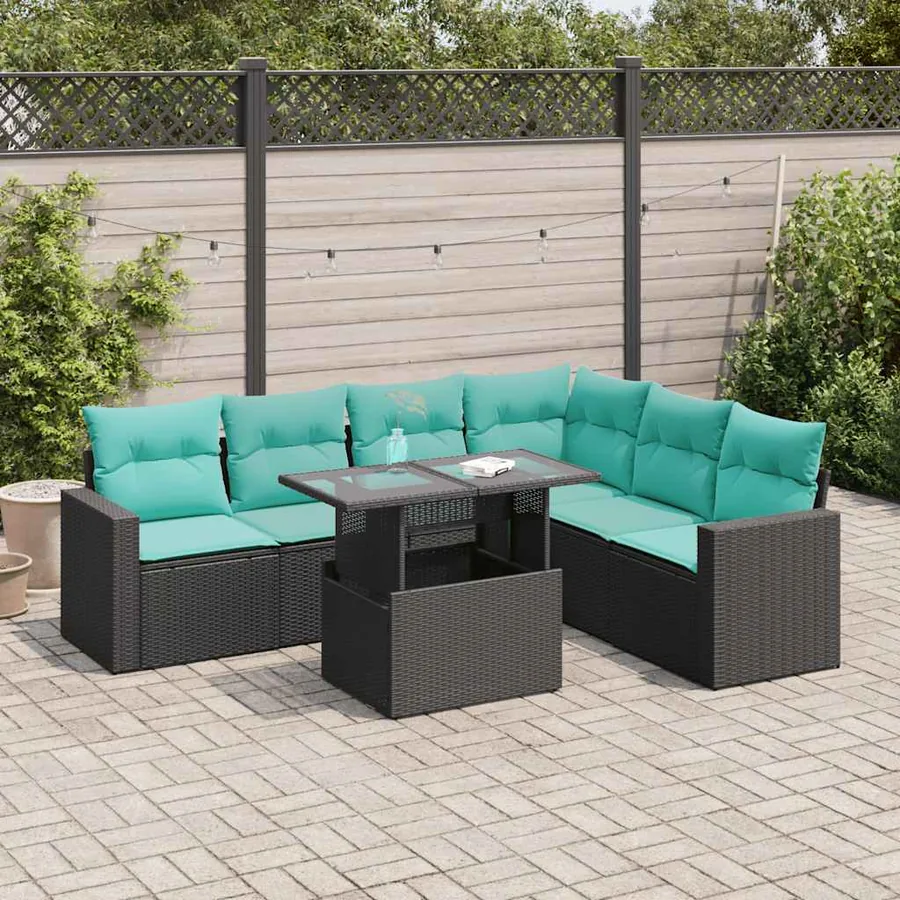 Salon de jardin avec coussins 7pcs noir résine tressée acacia
