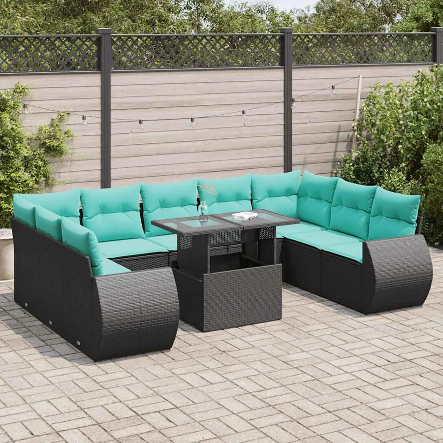 Salon de jardin 10 pcs avec coussins noir résine tressée acacia