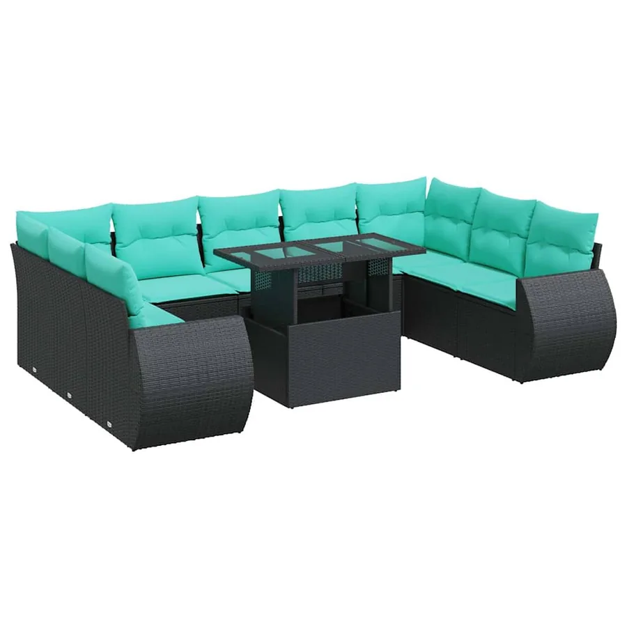 Salon de jardin 10 pcs avec coussins noir résine tressée acacia - 2