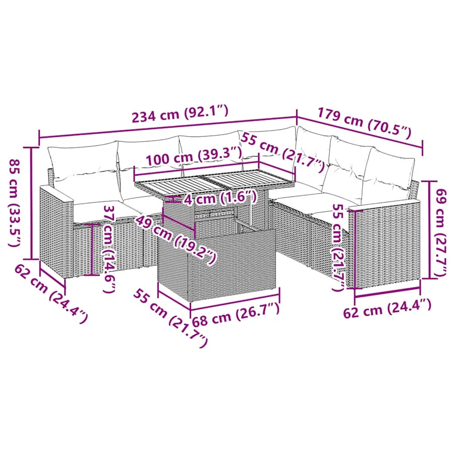 Salon de jardin 7 pcs avec coussins noir résine tressée 55 x 62 x 69 cm - 65,2 kg - 16