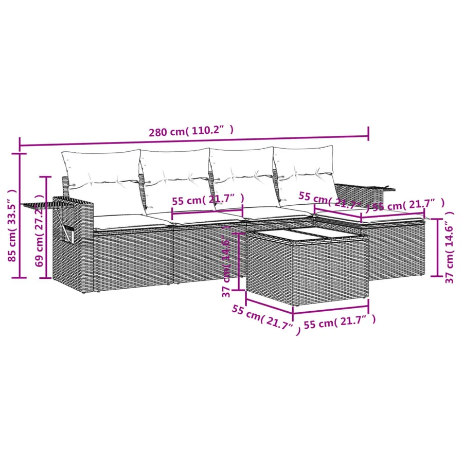 Salon de jardin 6 pcs avec coussins noir résine tressée - 8