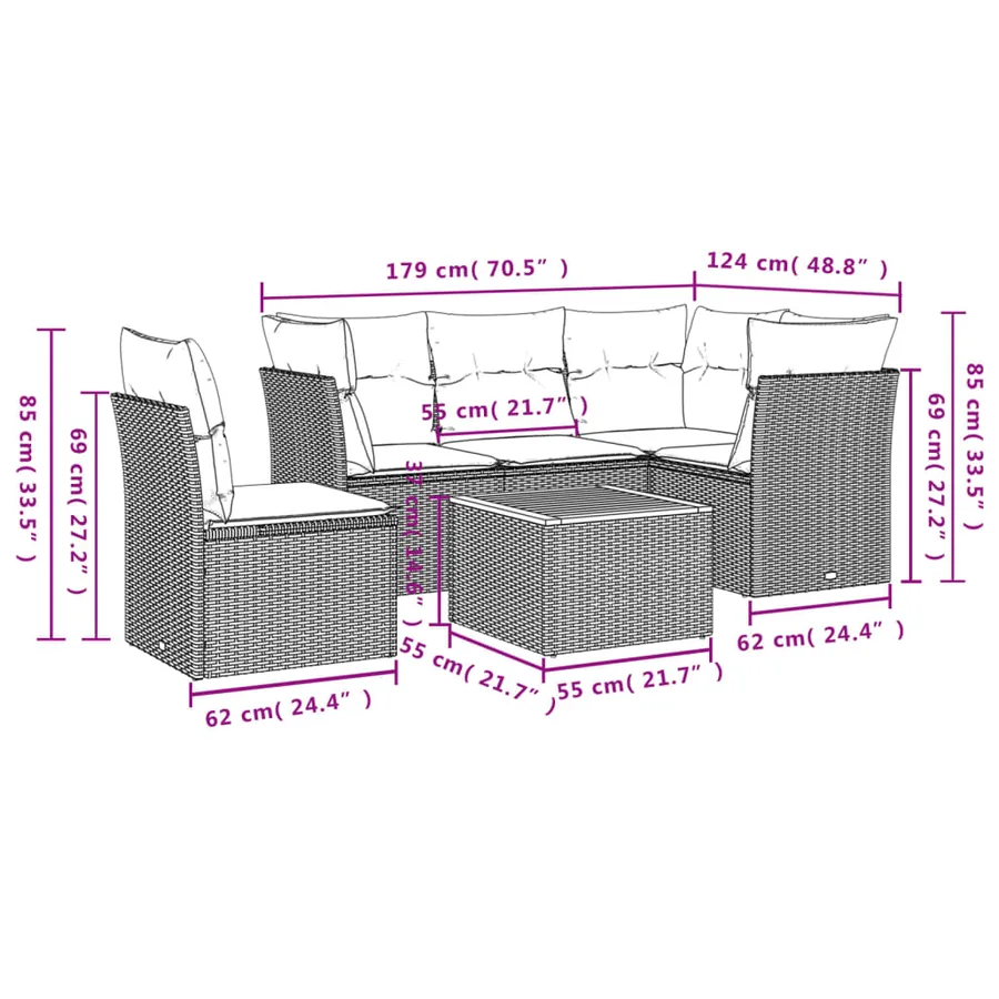 Salon de jardin 6 pcs avec coussins noir résine tressée - 3