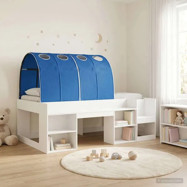 Cadre de lit avec tunnel 3 pc Blanc et bleu Bois d'ingénierie