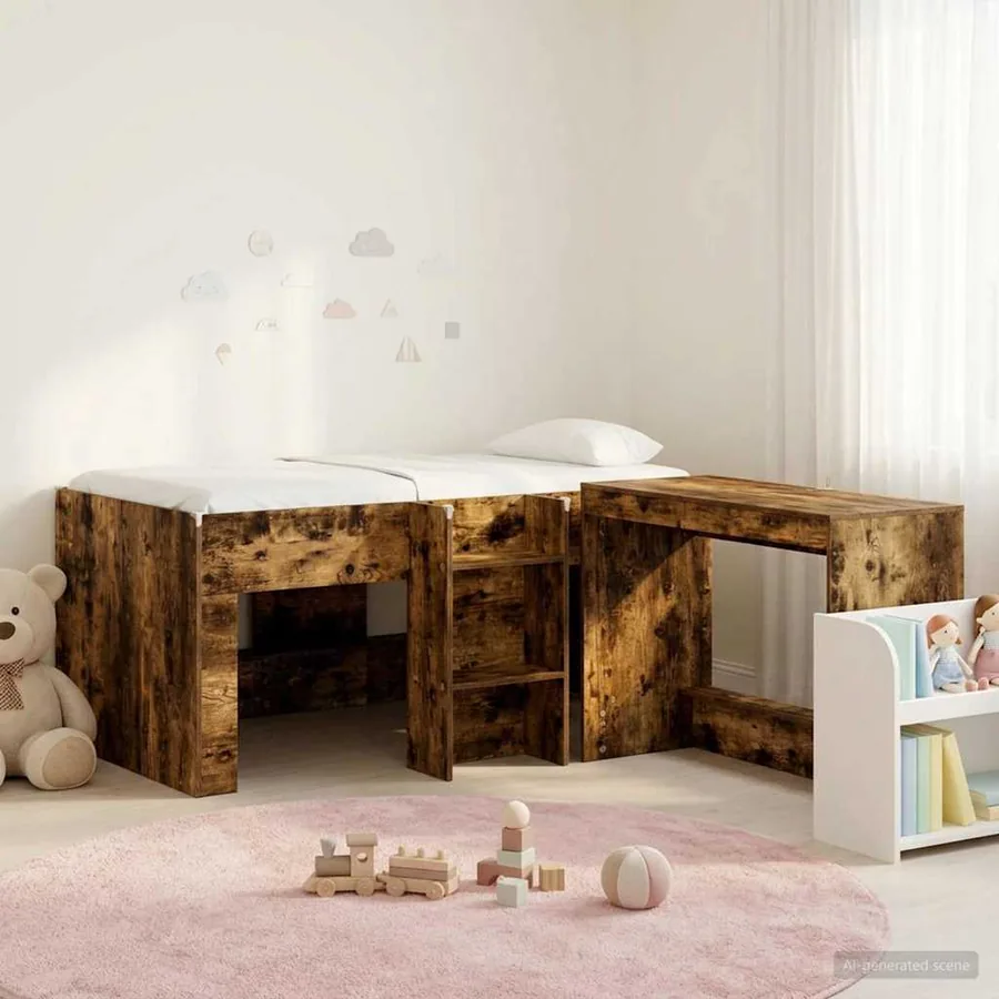 Lit haut pour enfants avec bureau 2 pc Chêne fumé