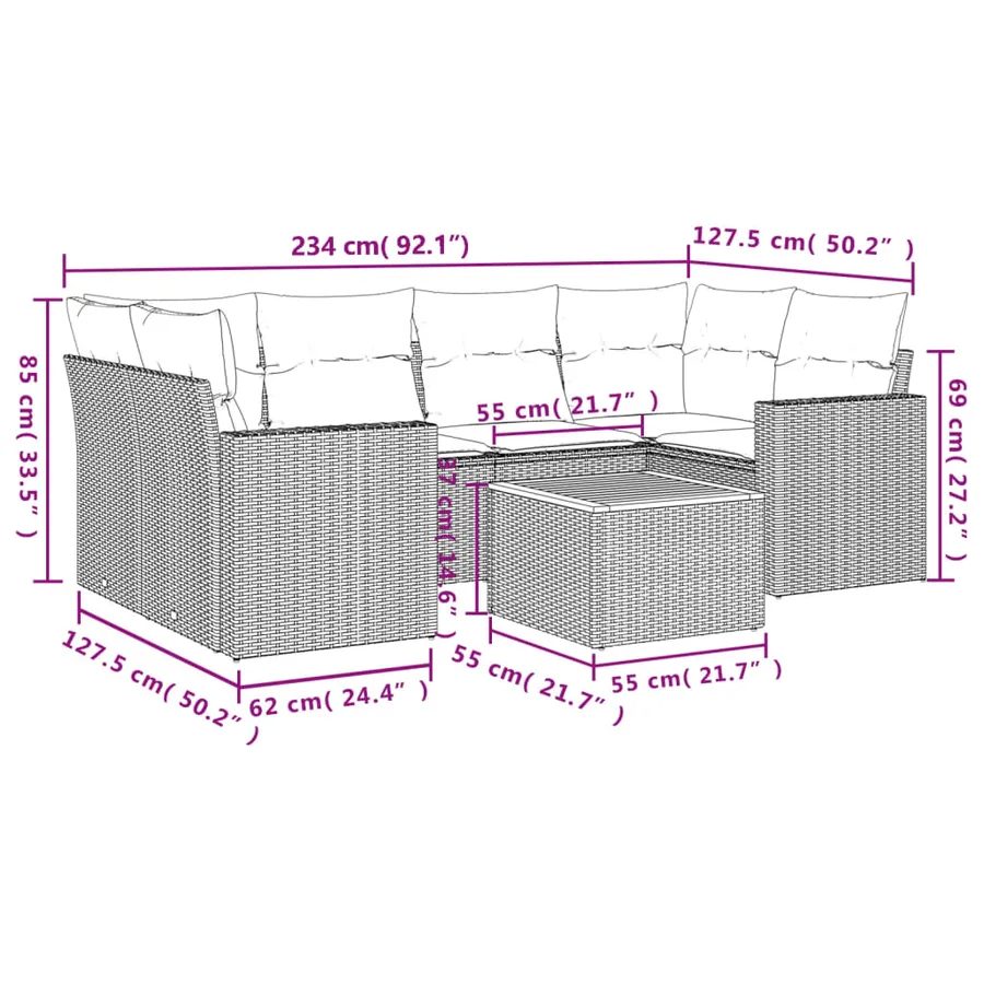 Salon de jardin 7 pcs avec coussins noir résine tressée 65,5 x 62 x 69 cm - 58,0 kg - 3