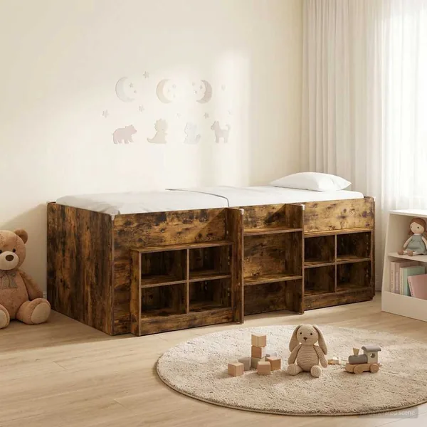 Cadre de lit en loft avec armoire avec étagère 3 pc Chêne fumé